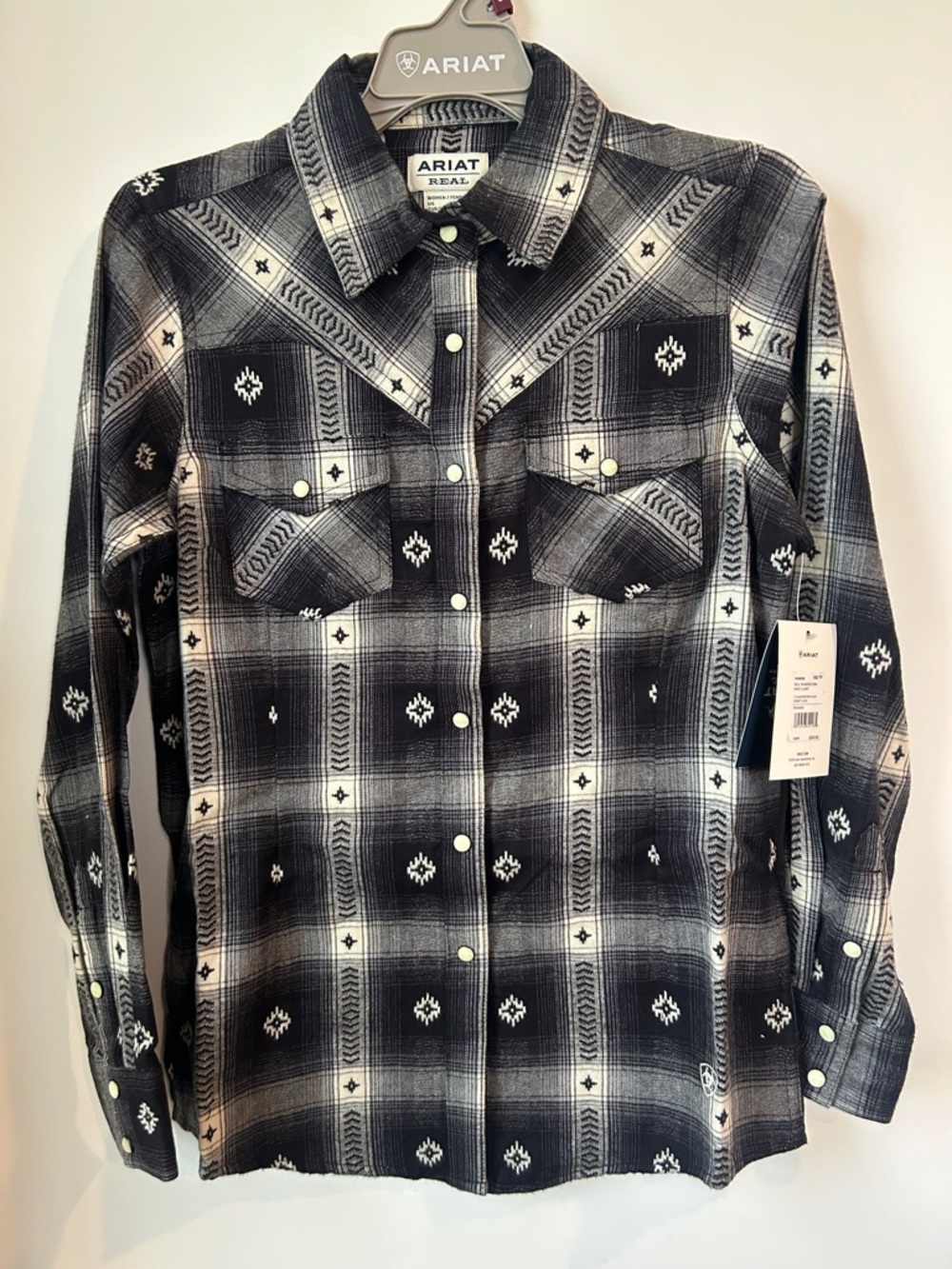 Ariat Aztec Black and Cream Plaid Thunderstorm Flannel Fitted Pearl Snap Shirt